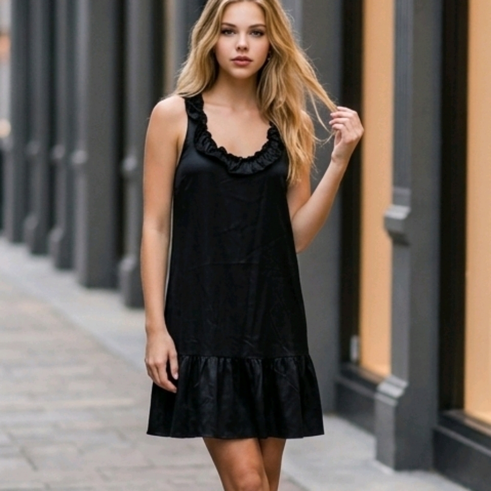 Express Black Silk Ruffle Slip Dress XS Sleeveless A-Line Mini Sundress Capsule